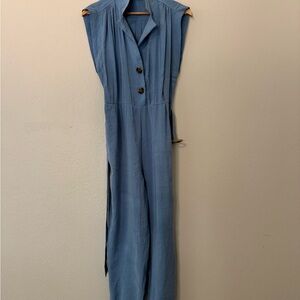 ZARA Dusty Blue Button-Front Sleeveless Jumpsuit, Size Small